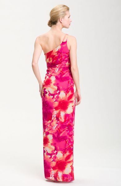 Adrianna Papell One Shoulder Floral Print Gown in Pink (pink multi) | Lyst