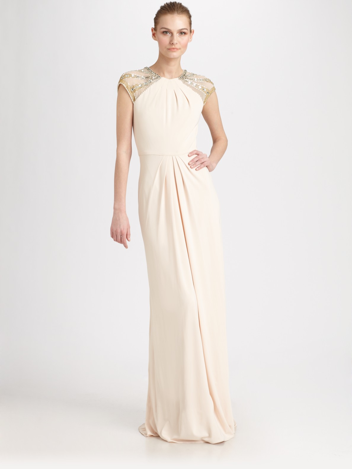 Lyst - Badgley Mischka Beaded Cap-sleeve Gown in Natural