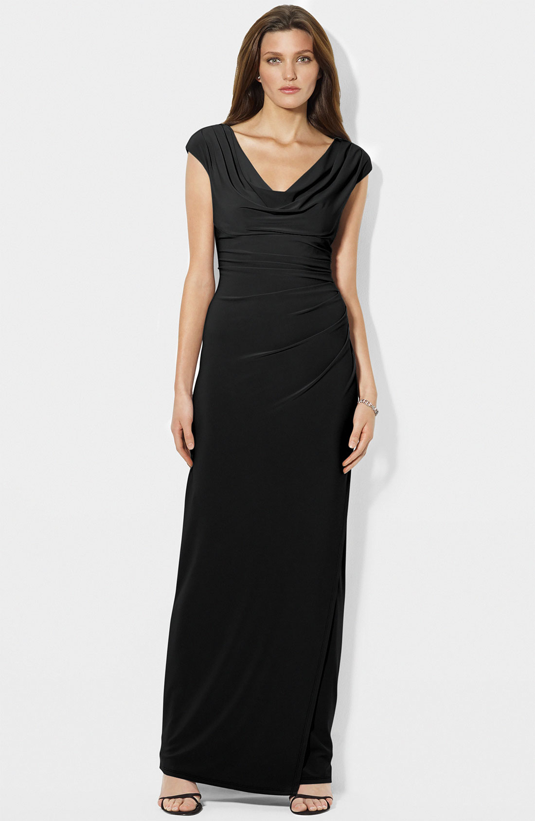 Lauren By Ralph Lauren Cowl Neck Ruched Jersey Gown in Black | Lyst