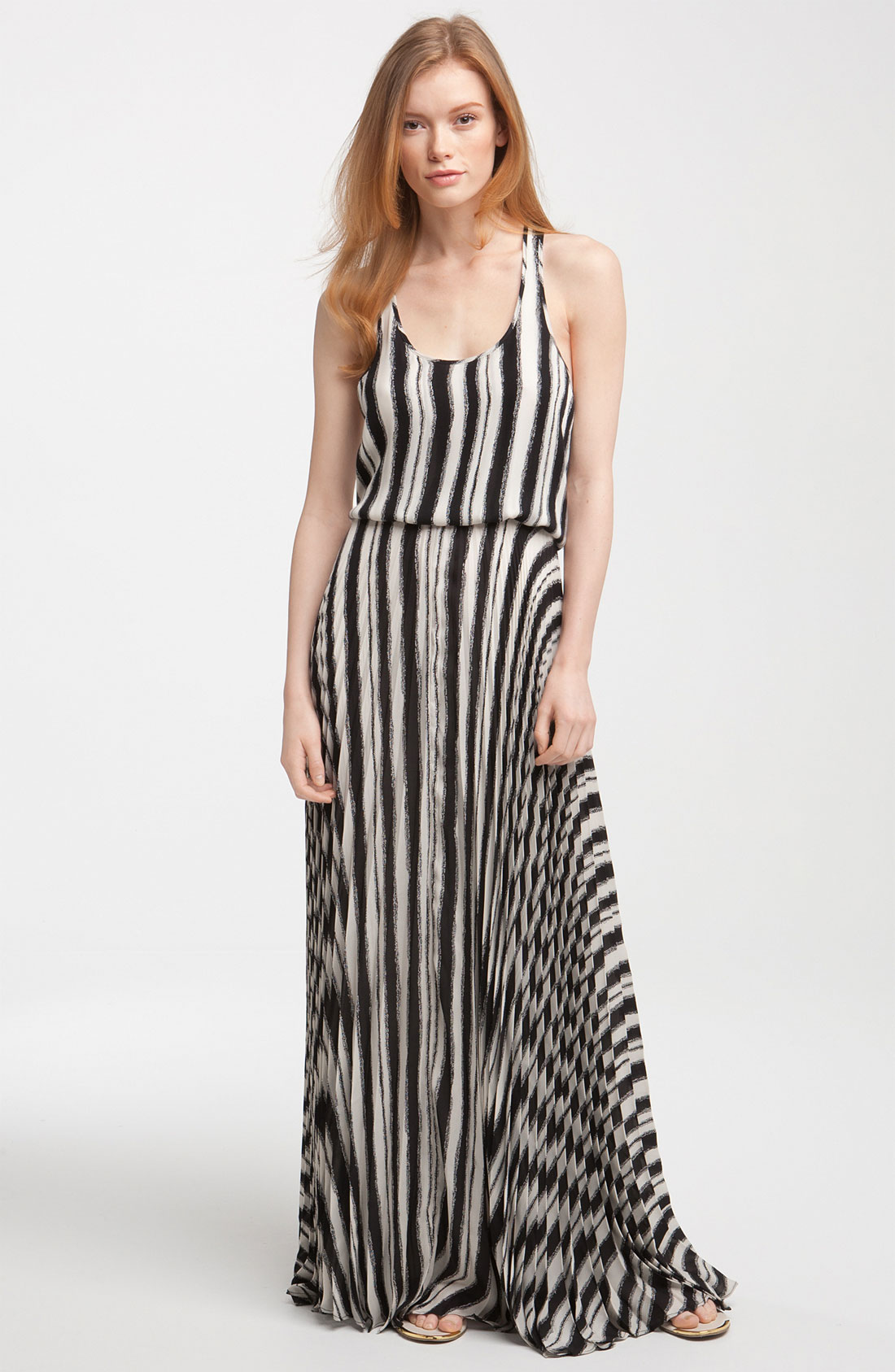 Parker Print Pleated Silk Maxi Dress in Multicolor (white stripe) | Lyst