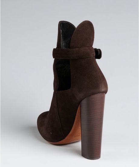 Celine Dark Brown Suede Cutout Stacked Heel Platform Booties in Brown ...