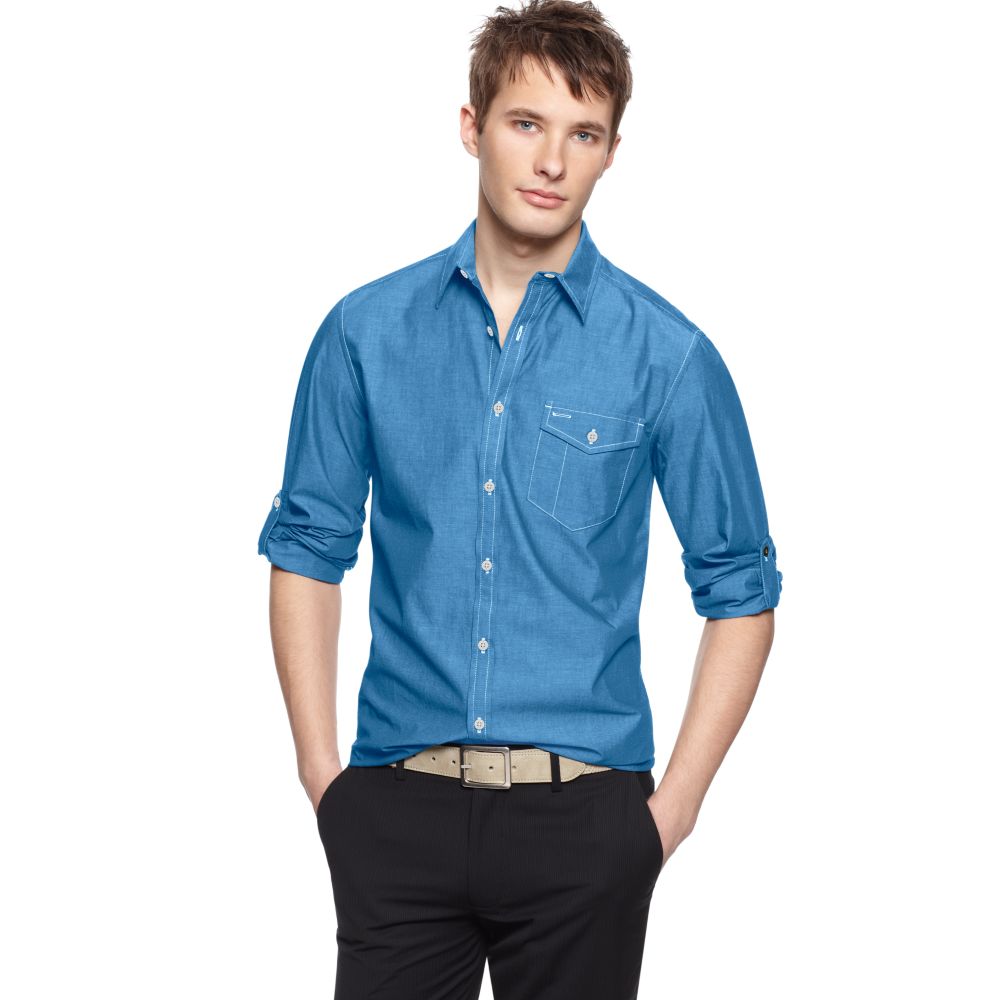 Kenneth Cole Reaction Long Sleeve Chambray Shirt in Blue for Men ...