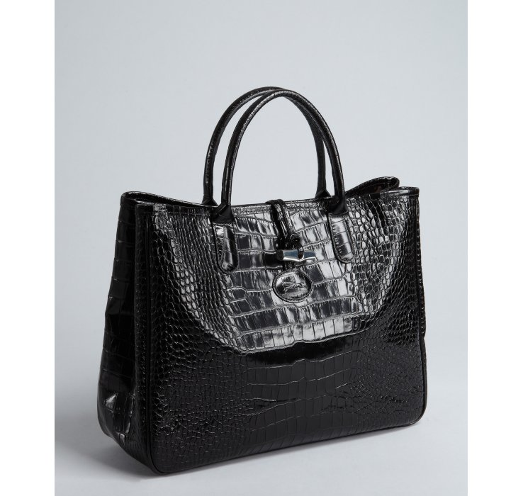 Lyst Longchamp Black Croc Embossed Leather Roseau Toggle Tote In Gallery