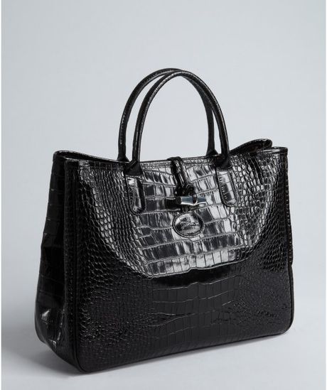 Longchamp Black Croc Embossed Leather Roseau Toggle Tote in Black | Lyst