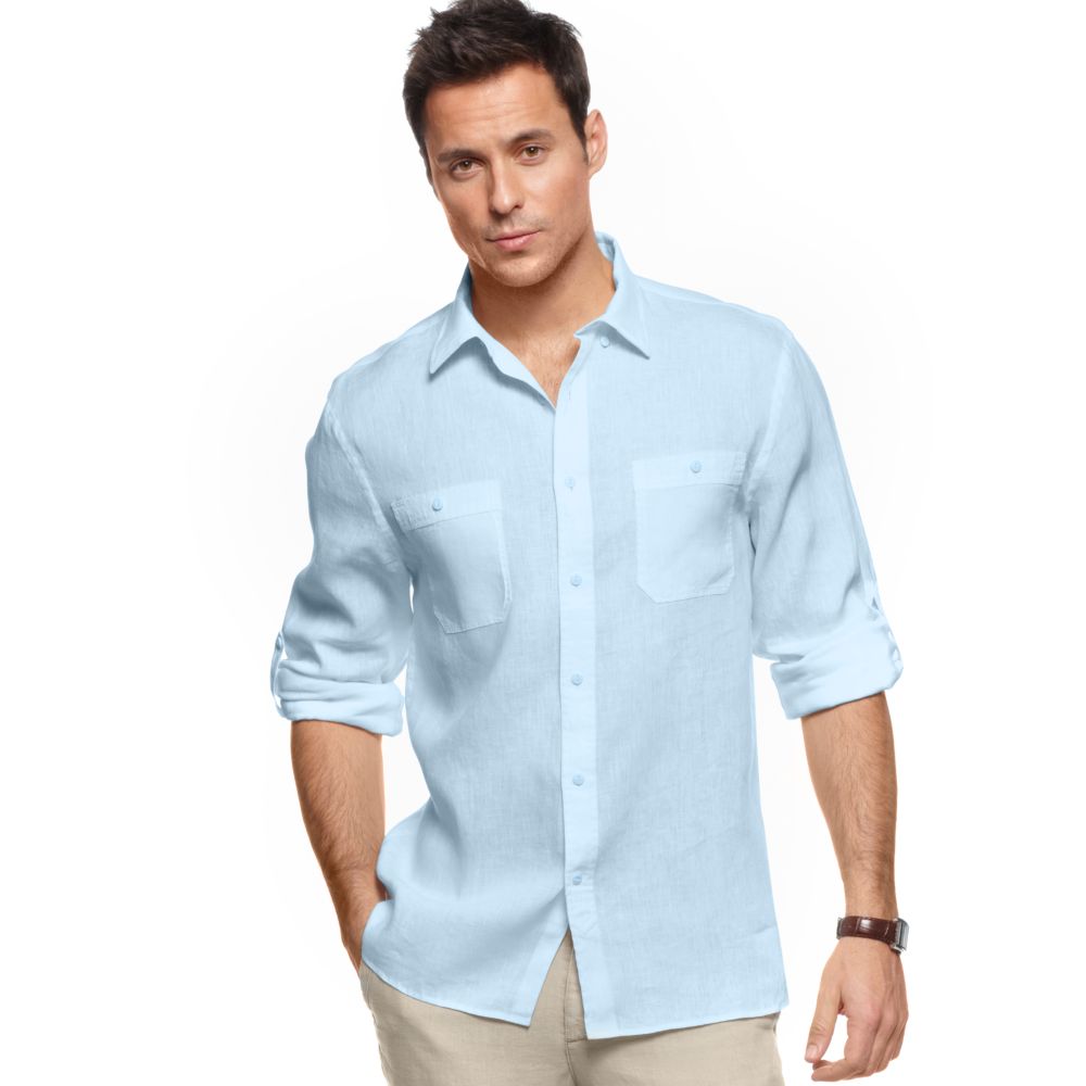 Perry Ellis Long Sleeve Linen Button Front Shirt in Blue for Men ...