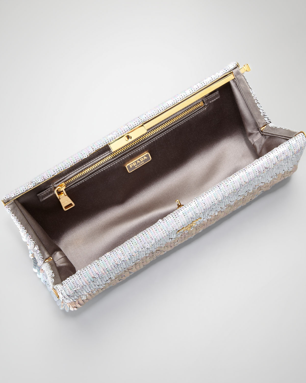 Prada Torpedo Frame Sequin Clutch in Silver (nude white) | Lyst