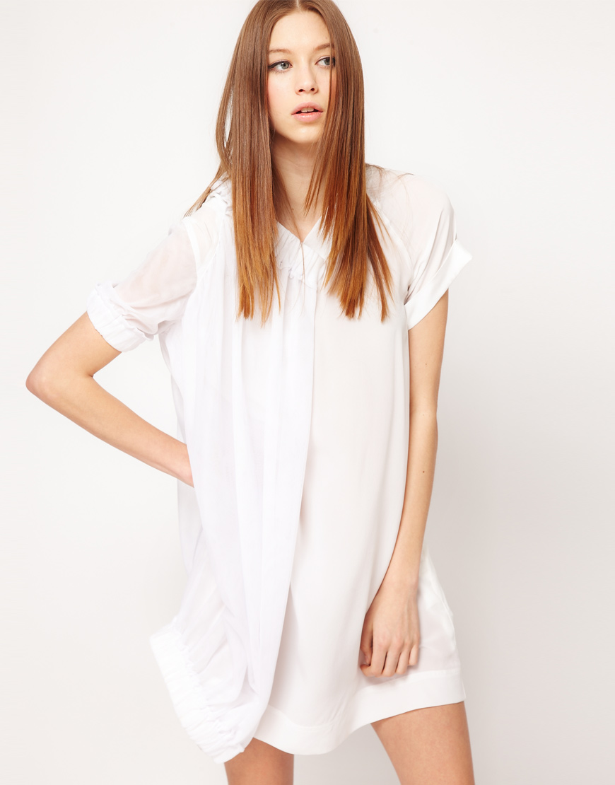 Asos Silk and Mesh Shirt Dress in White | Lyst
