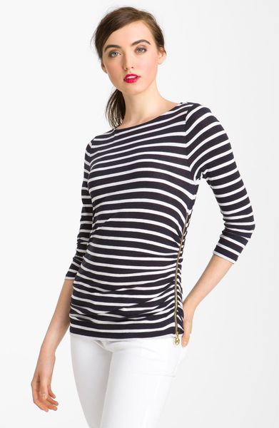 Michael Michael Kors Stripe Tee with Ruched Zip Side in Black (white ...
