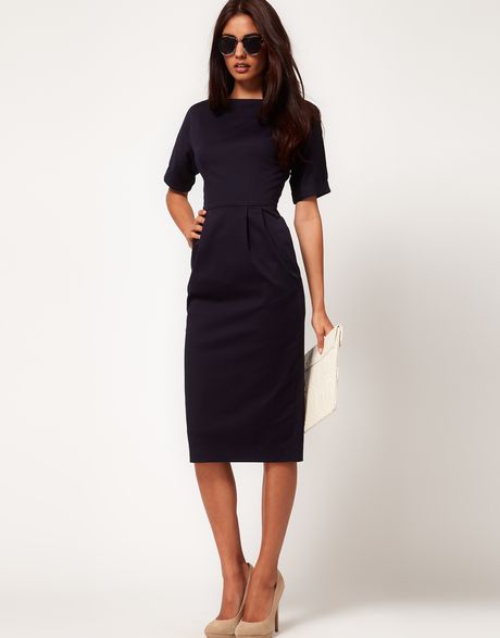 Asos Asos Pencil Dress in Wiggle Shape in Black (navy) | Lyst