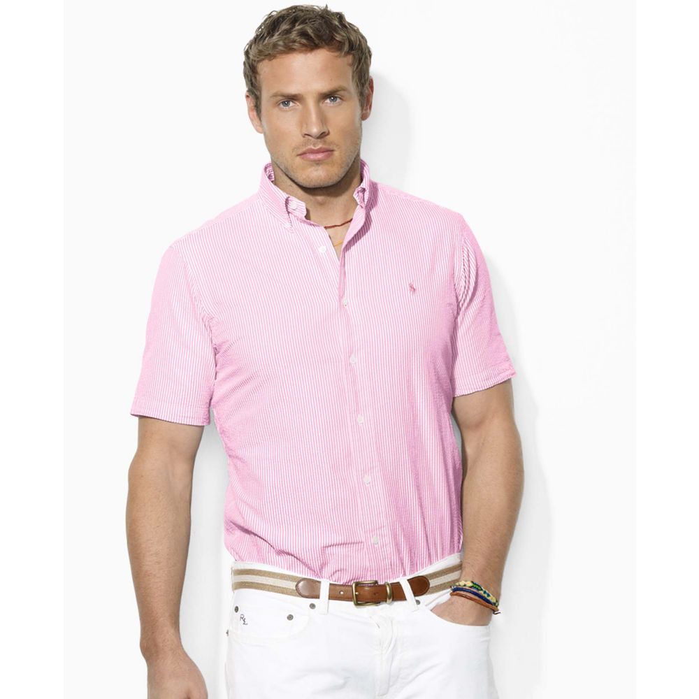 Ralph Lauren Short Sleeve Striped Seersucker Cotton Shirt in Pink for ...
