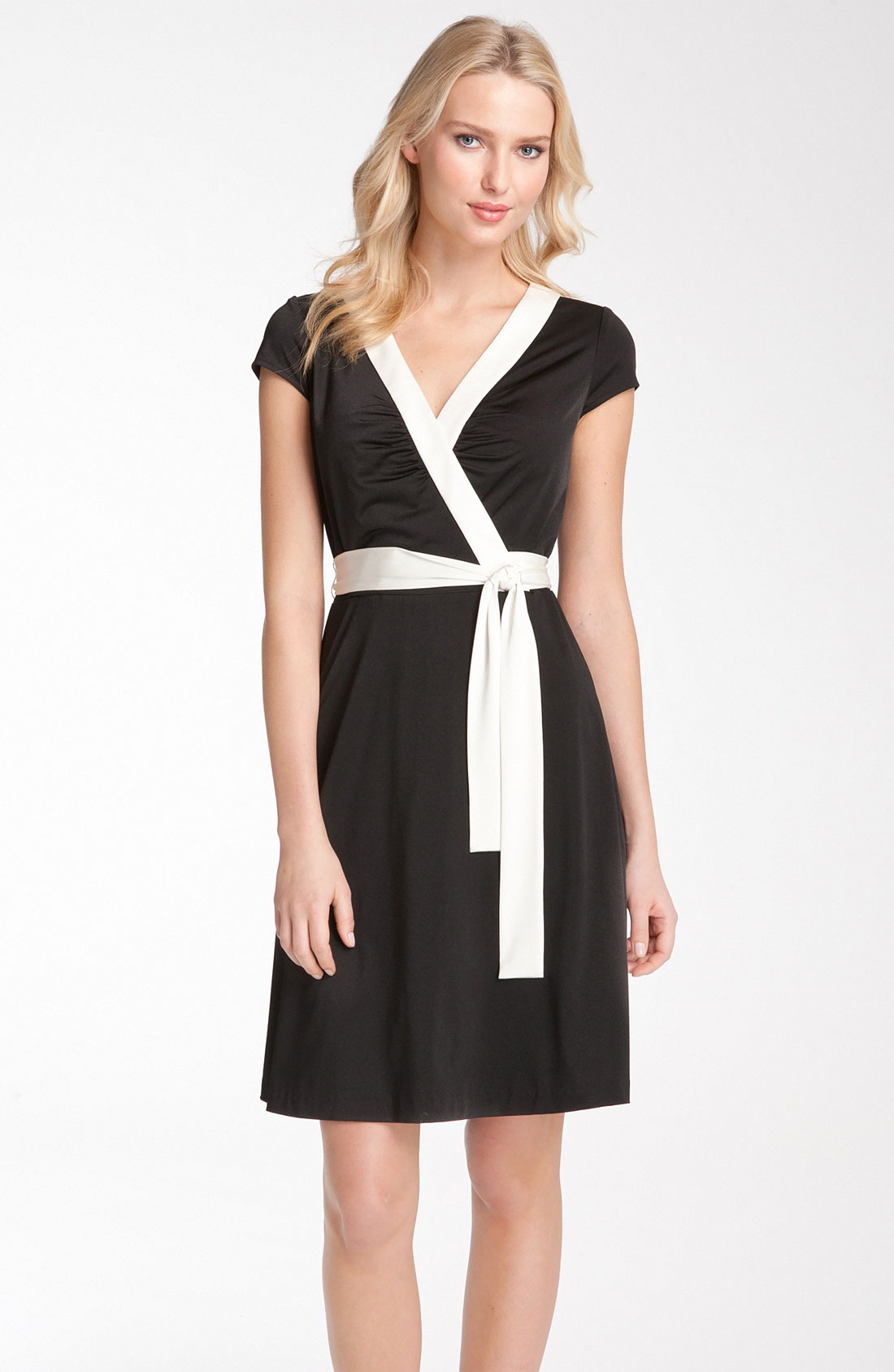 Donna Ricco Contrast Trim Faux Wrap Jersey Dress in Black (black/ ivory ...