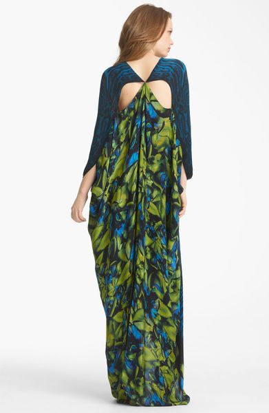 Roberto Cavalli Belted Chiffon Caftan Gown in Green (blue yellow) | Lyst