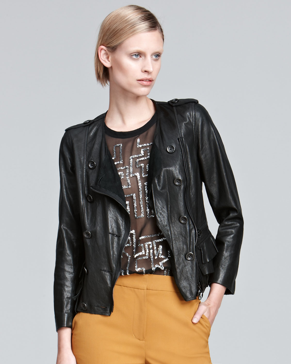 3 1 Phillip Lim Ruffle Leather Jacket In Black Lyst Gallery