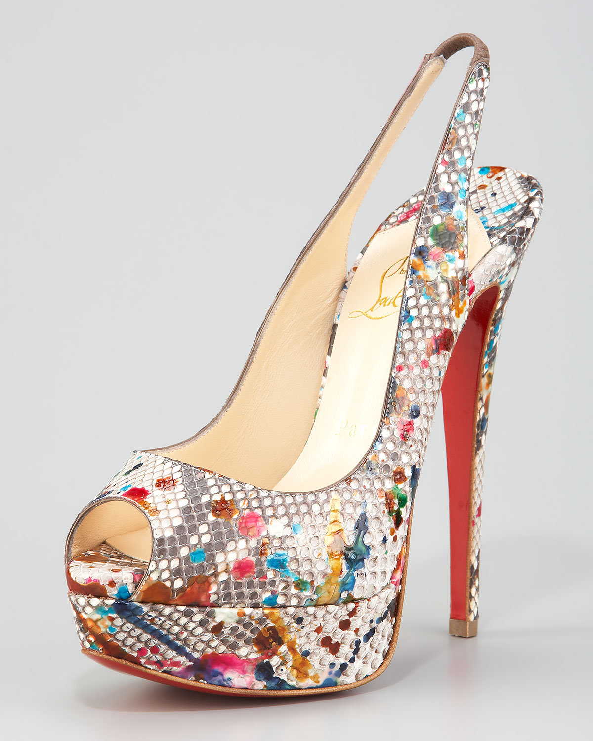 Christian louboutin Lady Peep Painted Python Slingback | Lyst