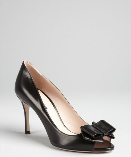 Miu Miu Black Leather Peep Toe and Bow Heels in Black | Lyst