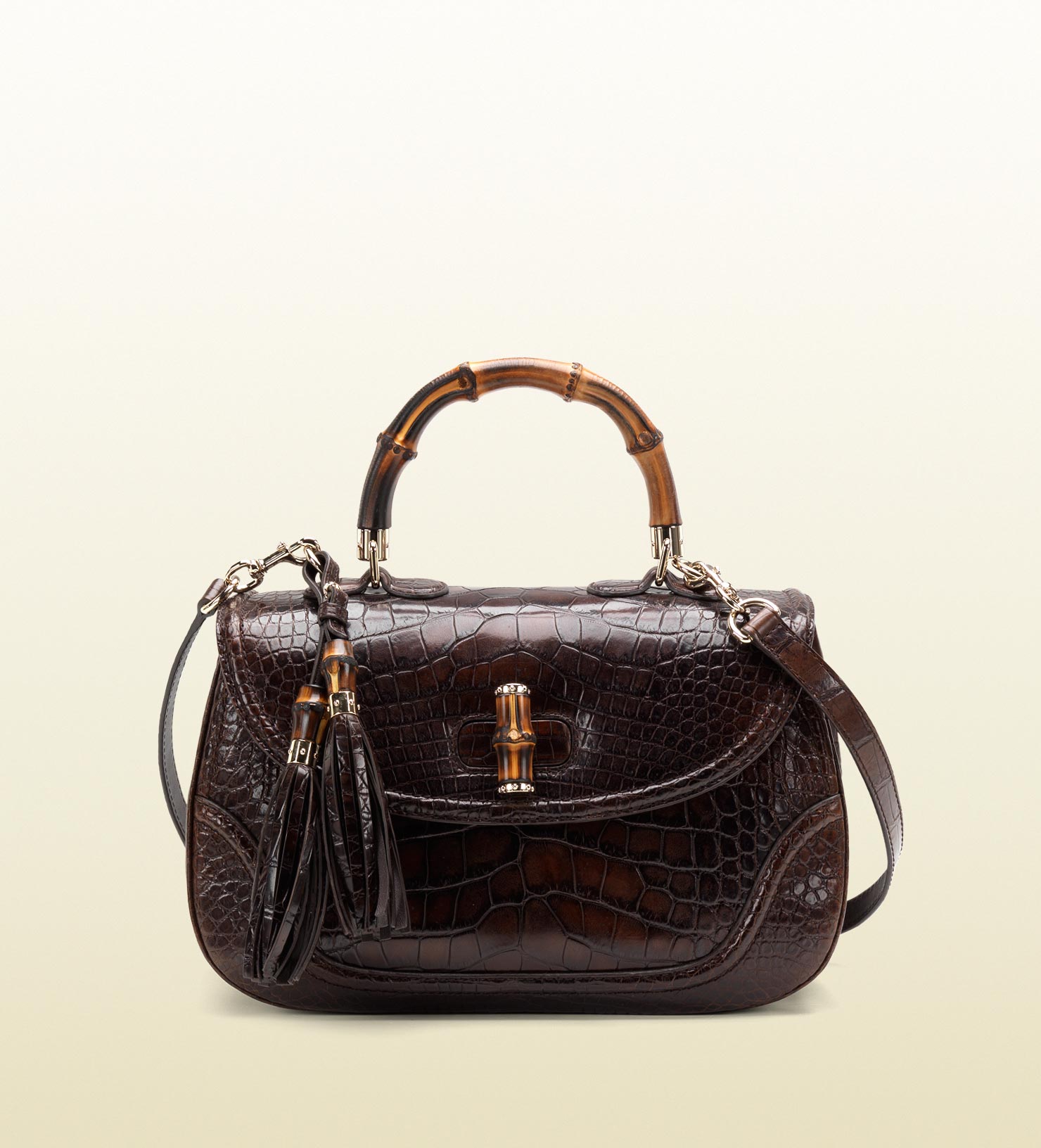 Gucci New Bamboo Brown Crocodile Top Handle Bag in Black - Lyst