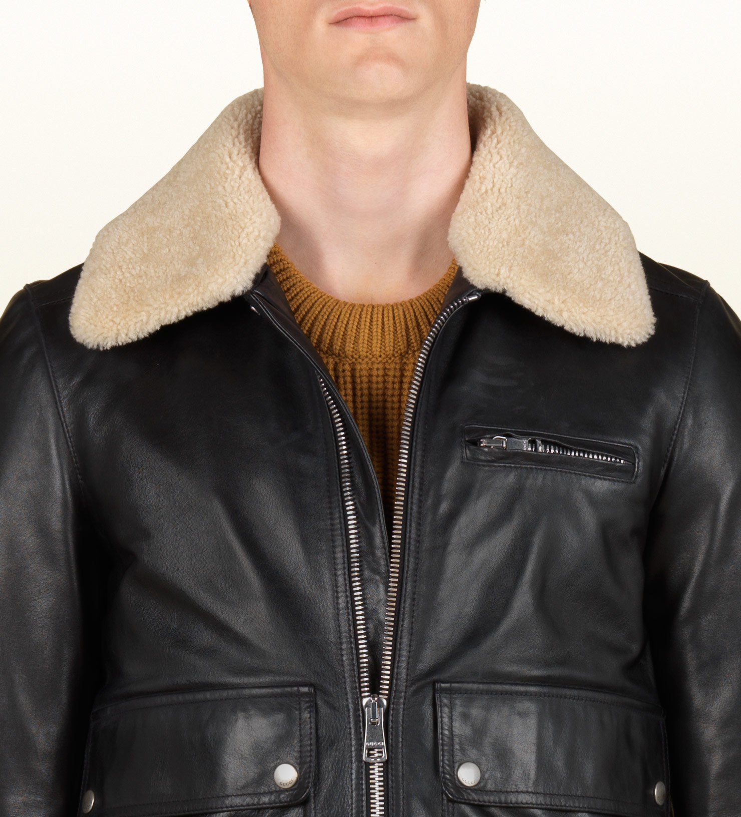 Lyst - Gucci Bomber Jacket with Detachable Shearling Collar in Black ...