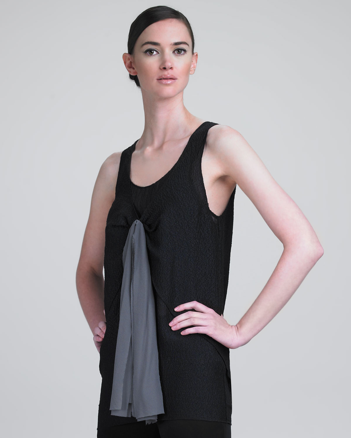 Vera Wang Gauze Blouse with Elongated Tie in Black | Lyst