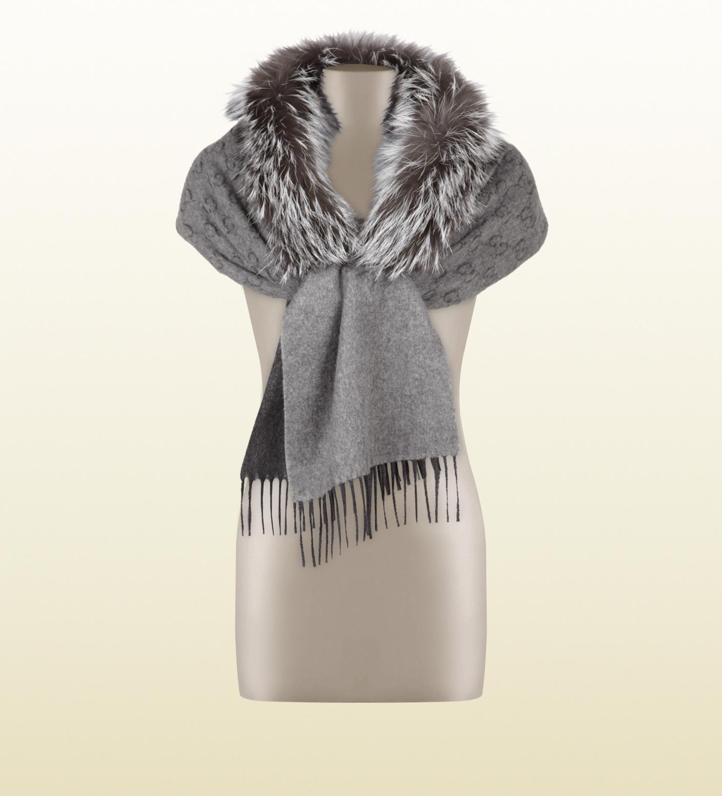 Lyst Gucci Gg Pattern Fringe Scarf with Fur Detail in Gray