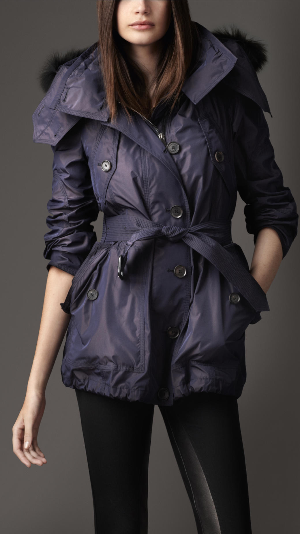 Burberry Funnel Neck Fur Trim Parka in Blue Lyst