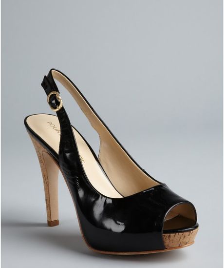 Pour La Victoire Black Patent Leather and Cork Prima Peep Toe Slingback ...
