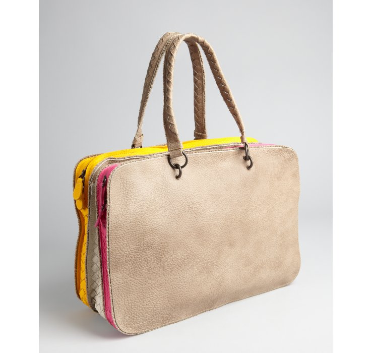 Bottega veneta Beige Frayed Leather Multi Compartment Top Handle Bag in