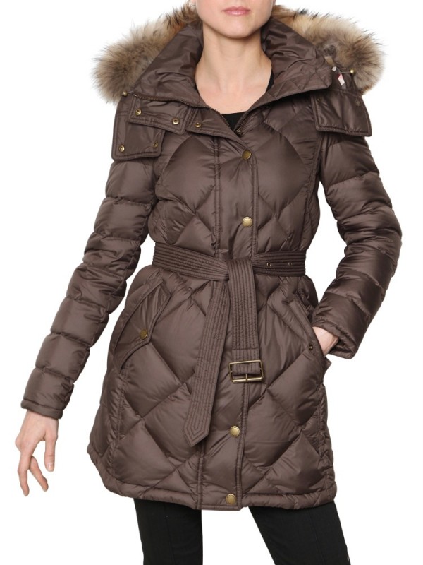 Burberry Brit Fur Hood Quilted Technical Down Jacket in Brown | Lyst