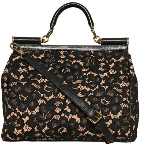 Dolce & Gabbana Miss Sicily Lace Leather Top Handle in Black | Lyst