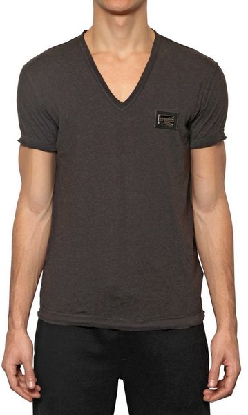 Dolce & Gabbana V-neck Logo Plaque Jersey T-shirt in Gray for Men (grey ...
