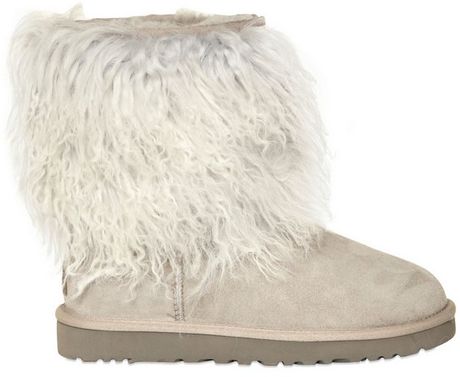Ugg Shearling Boots with Mongolian Fur Trim in Beige (grey) | Lyst