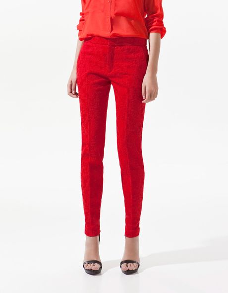 Zara Jacquard Loom Trousers in Red | Lyst