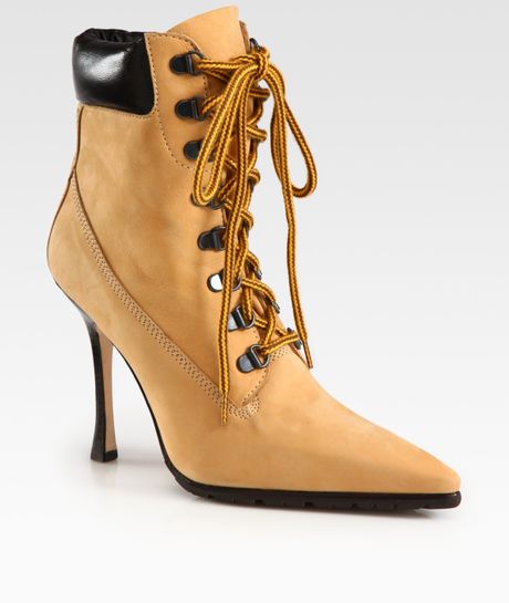 Manolo Blahnik Suede and Leather Laceup Ankle Boots in Beige (camel) | Lyst