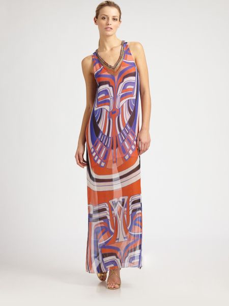 Nicole Miller Printed Maxi Dress in Multicolor (coral) | Lyst
