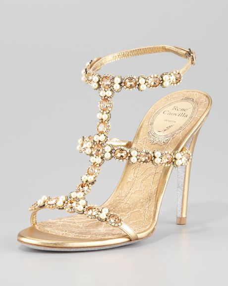 Rene Caovilla Bejeweled Tstrap Sandal in Gold | Lyst