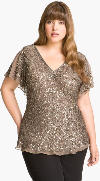 Adrianna Papell Sequin Chiffon Top in Gold (mink) | Lyst