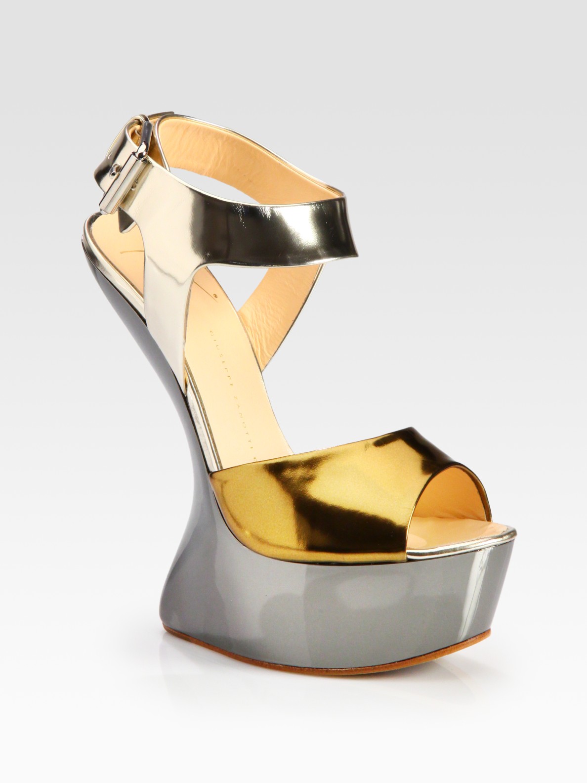 Lyst - Giuseppe Zanotti Metallic Patent Leather Curved Wedge Sandals in ...