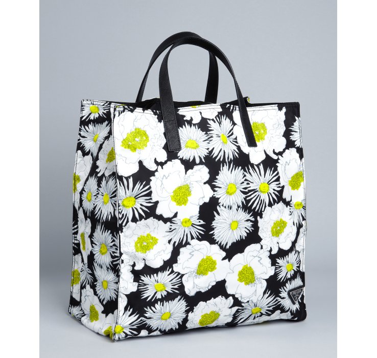 nylon prada handbags - Prada Black Floral Print Nylon Tote in Black | Lyst