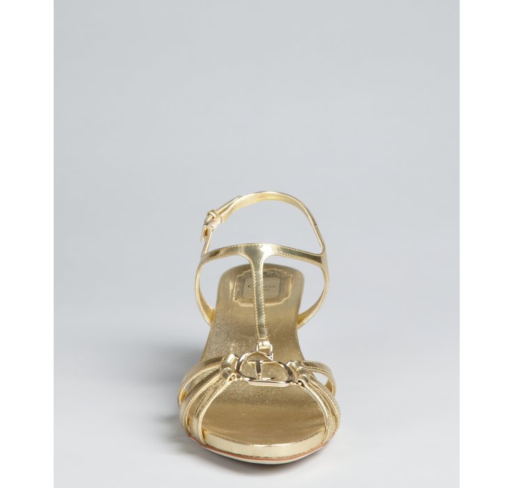 Dior Gold Leather T-strap Kitten Heel Sandals in Metallic | Lyst