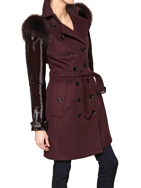 Lyst - Burberry Fur Shoulders Wool Cloth Trench Coat in Purple