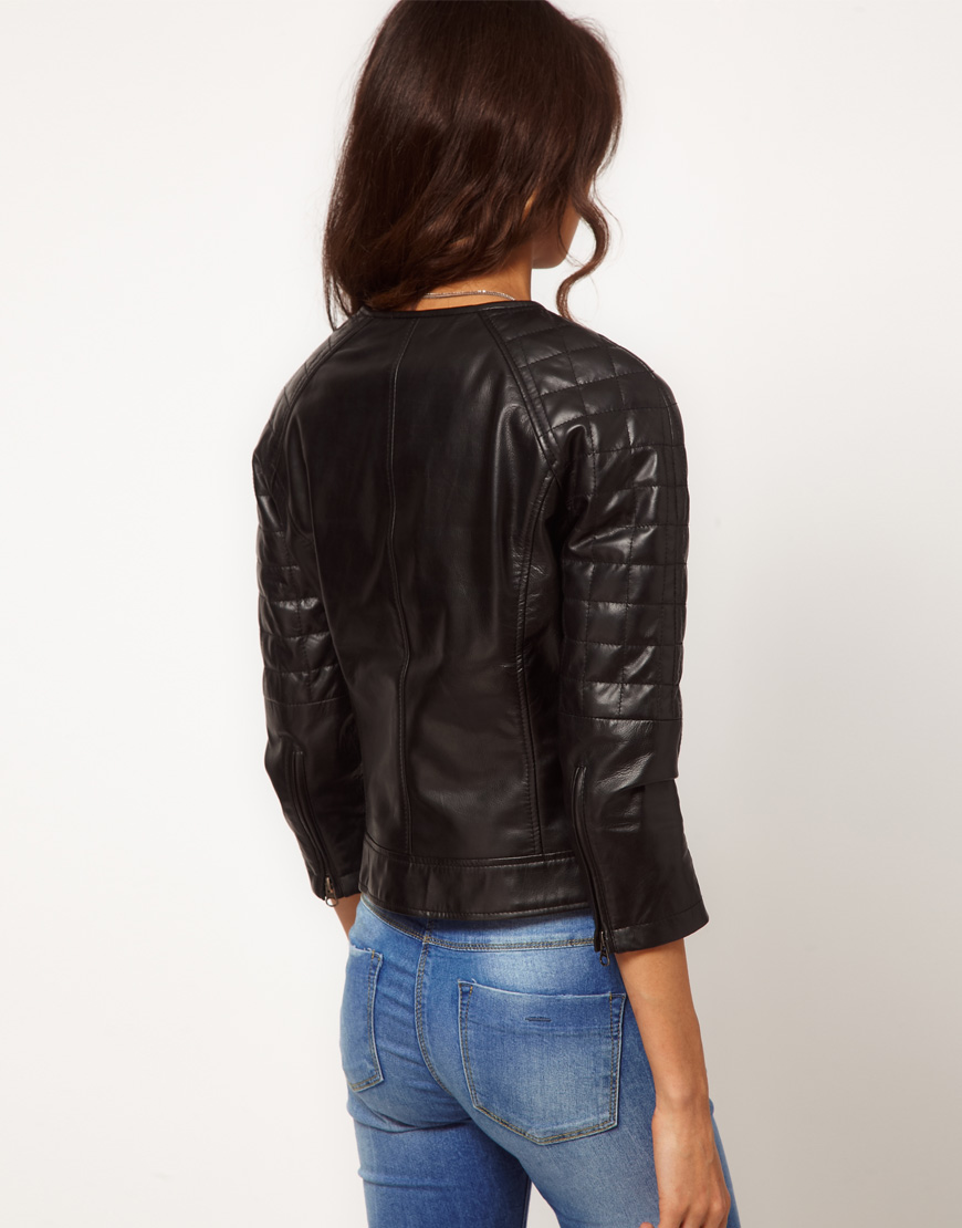 Asos Collection Asos Square Quilted Leather Collarless Bomber Jacket In Black Lyst 