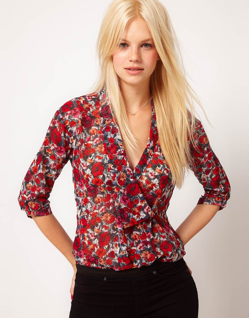 Lyst - Asos Collection Asos Printed Blouse with Drop Collar and Wrap Front in Red