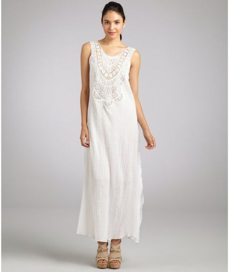 Miguelina White Cotton Gauze Leighanne Crochet Front Maxi Dress In 4002