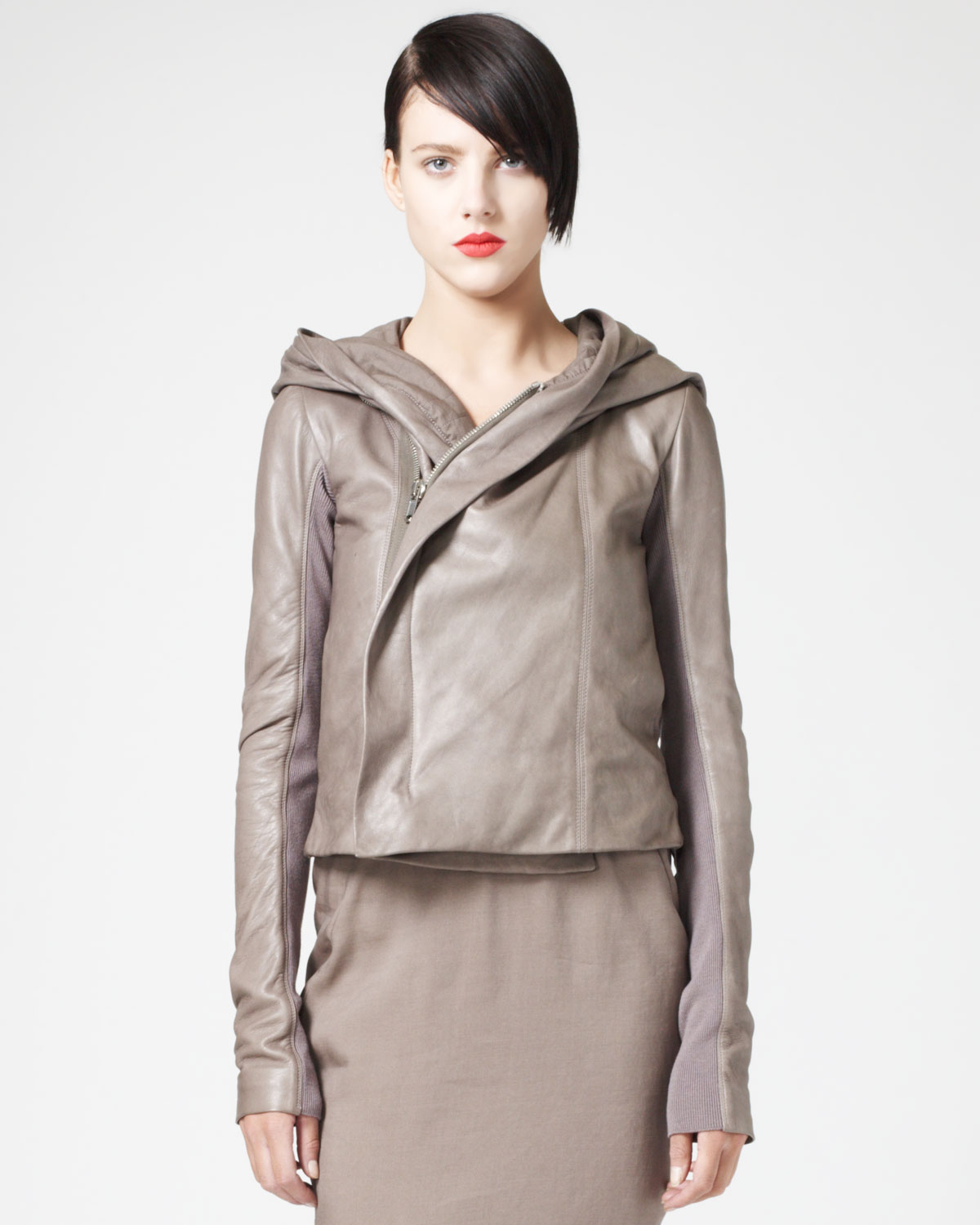Rick Owens Hooded Leather Biker Jacket Dust In Gray Lyst Gallery