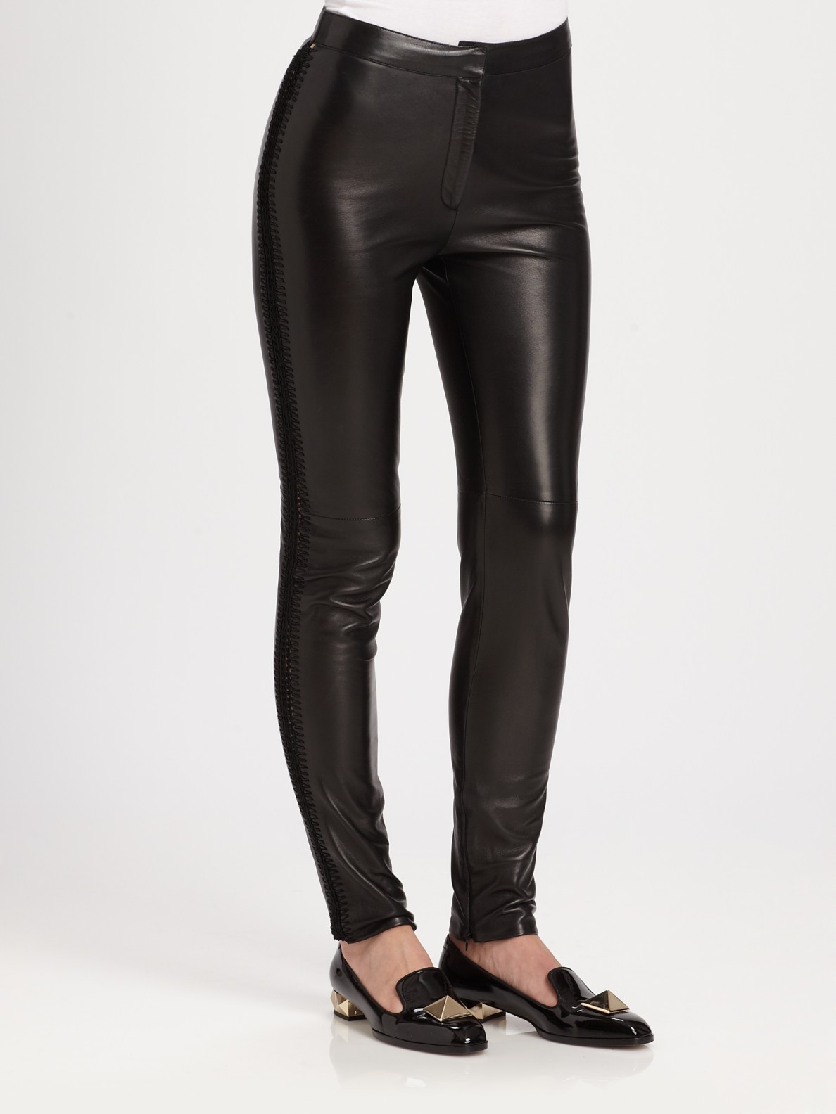 Valentino Embroidered Leather Pants in Black - Lyst