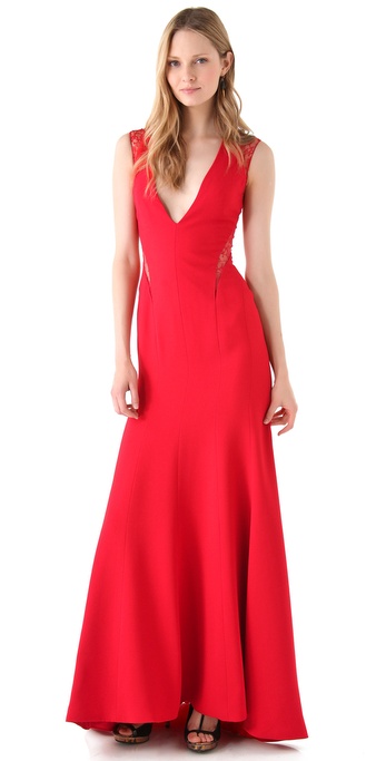 Lyst - Reem Acra Deep V Gown with Lace Trim in Red