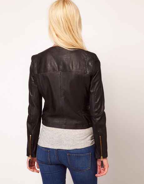 Mango Collarless Premium Leather Biker Jacket in Black | Lyst