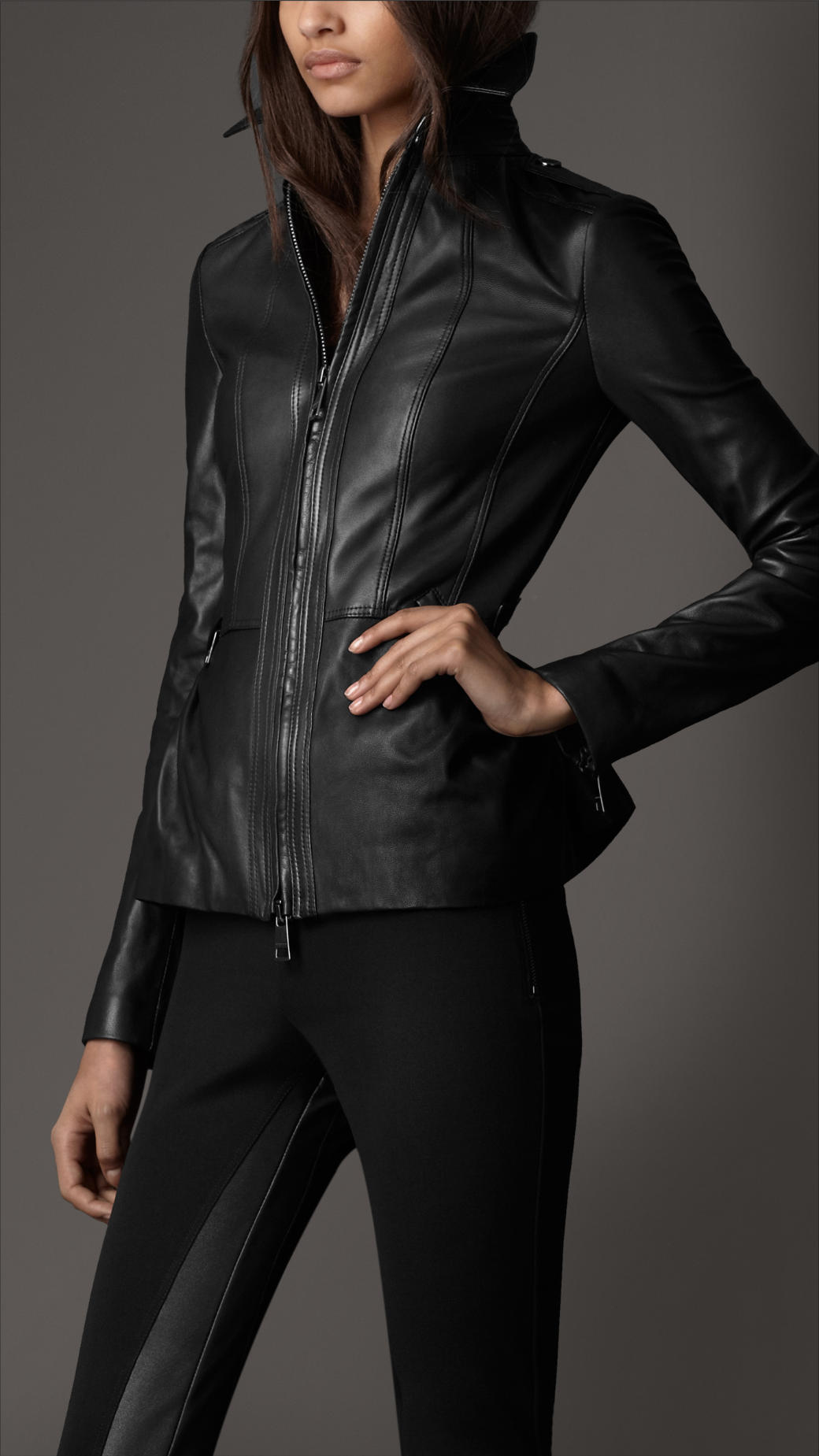 Lyst - Burberry Peplum Leather Jacket in Black