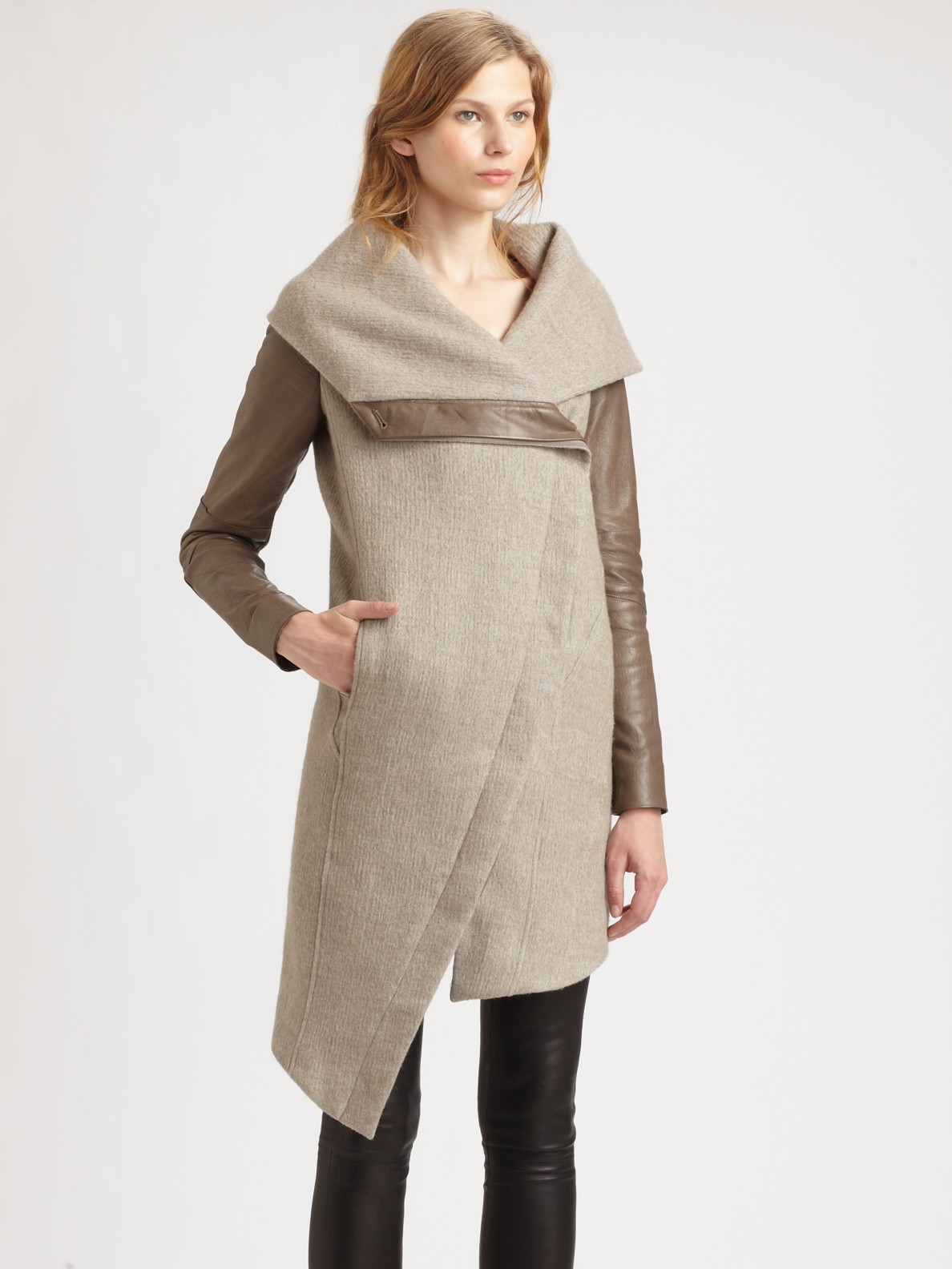 Lyst - Helmut Lang Willowed Felt Leather Sleeve Coat in Gray