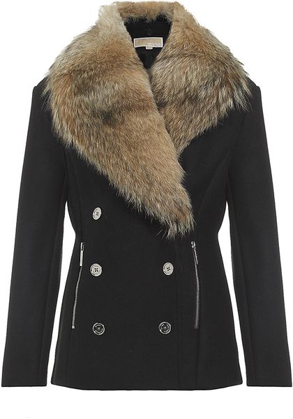 Michael Michael Kors Double Breasted Pea Coat With Fur Collar in Black ...