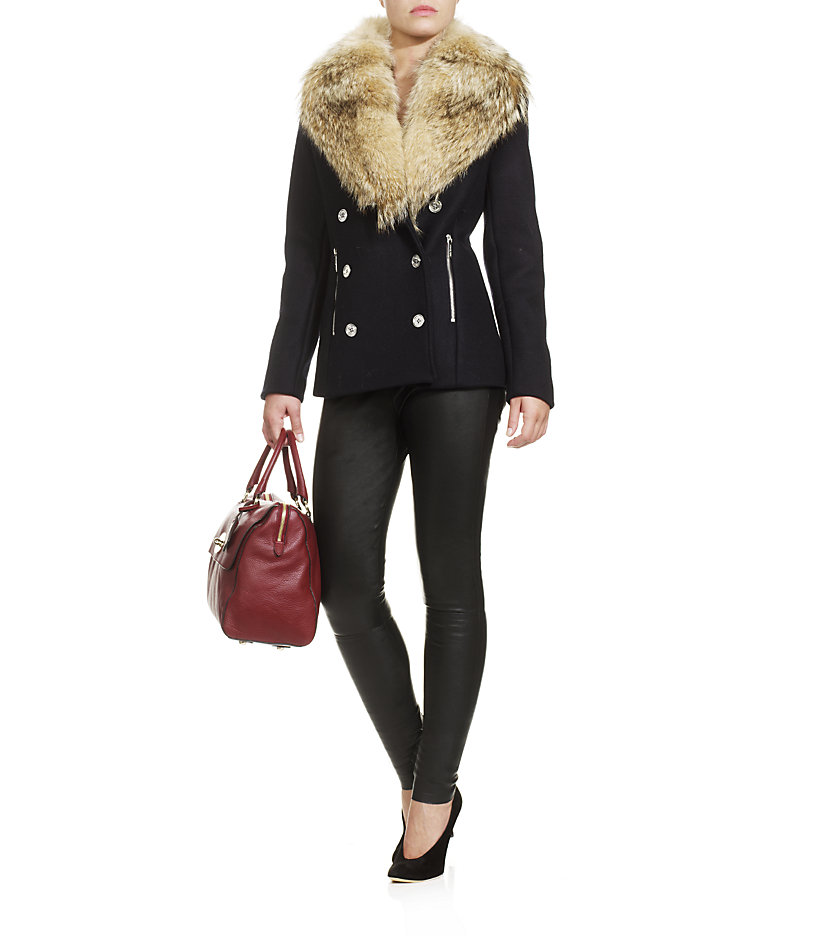 Michael michael kors Double Breasted Pea Coat With Fur Collar in Black | Lyst